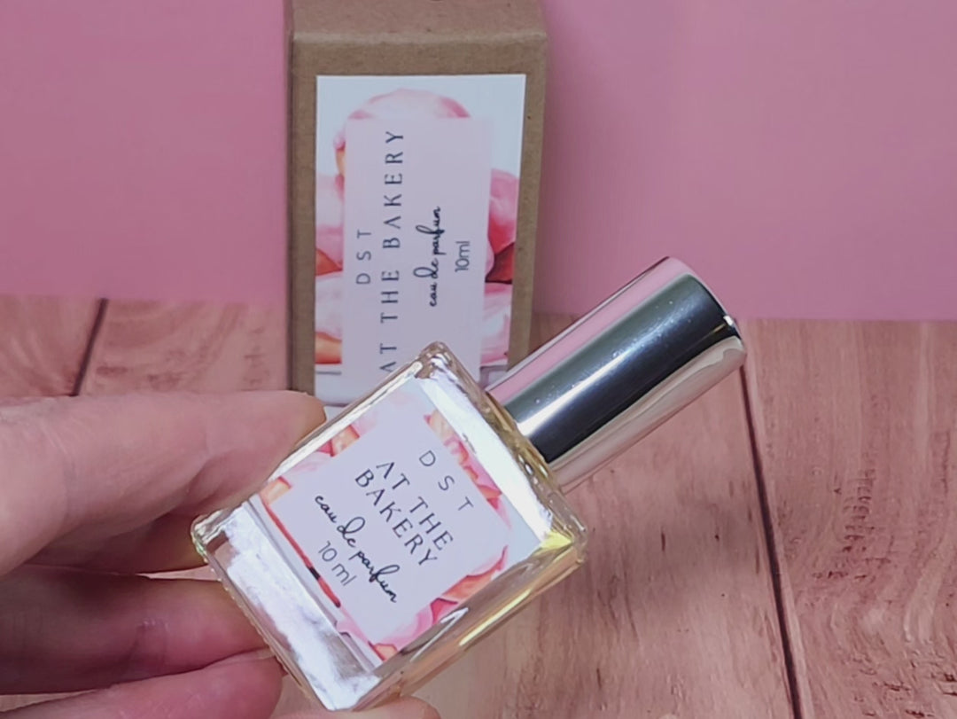 10ml bottle of At the Bakery scented Eau de Parfum Spray and the box it is packaged in.