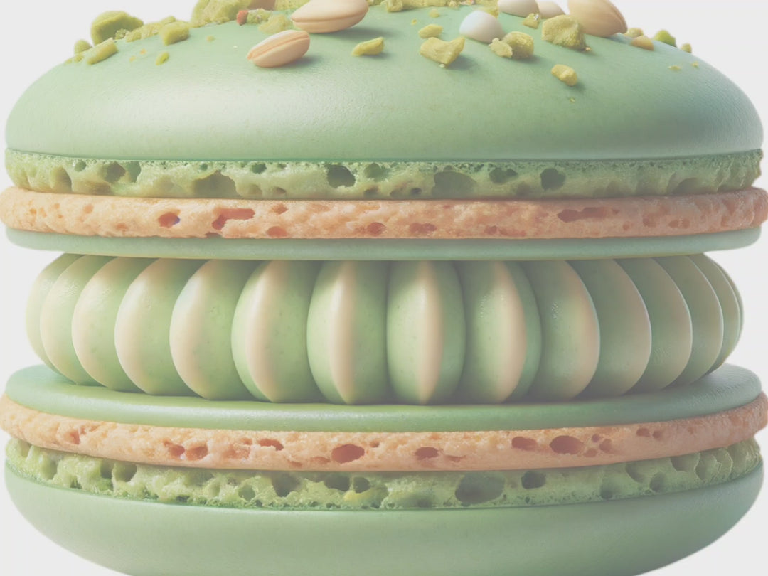 Muted Video showing text fragrance description for Pistachio Macaron. Top Notes:  Crushed Pistačhio, Sugar Crystals,  Maraschino Cherry. Middle Notes:  Cocoa, Vanilla Extract.  Base Notes:  Amaretto Cream. Vanilla Ganache.