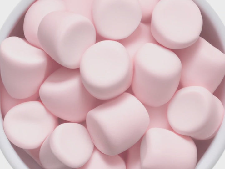 Muted Video showing text fragrance description for Pink Marshmallows. Top Notes:  Fluffy Marshmallow. Middle Notes:  Pink Cotton Candy,  Strawberry.  Base Notes:  Creamy Vanilla,  Light Musk. 
