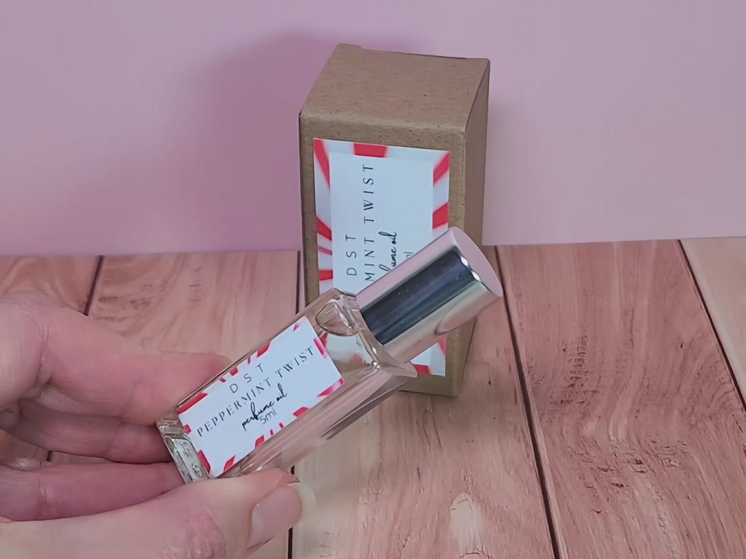 5ml bottle of Peppermint Twist scented perfume oil and the box it is packaged in.