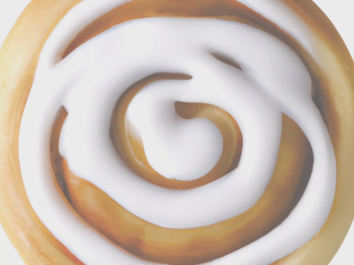 Muted Video showing text fragrance description for Cinnamon Bun. The aroma of cinnamon-spice &  Warm-flakey pastry dripping with powdéred sugar icing.
