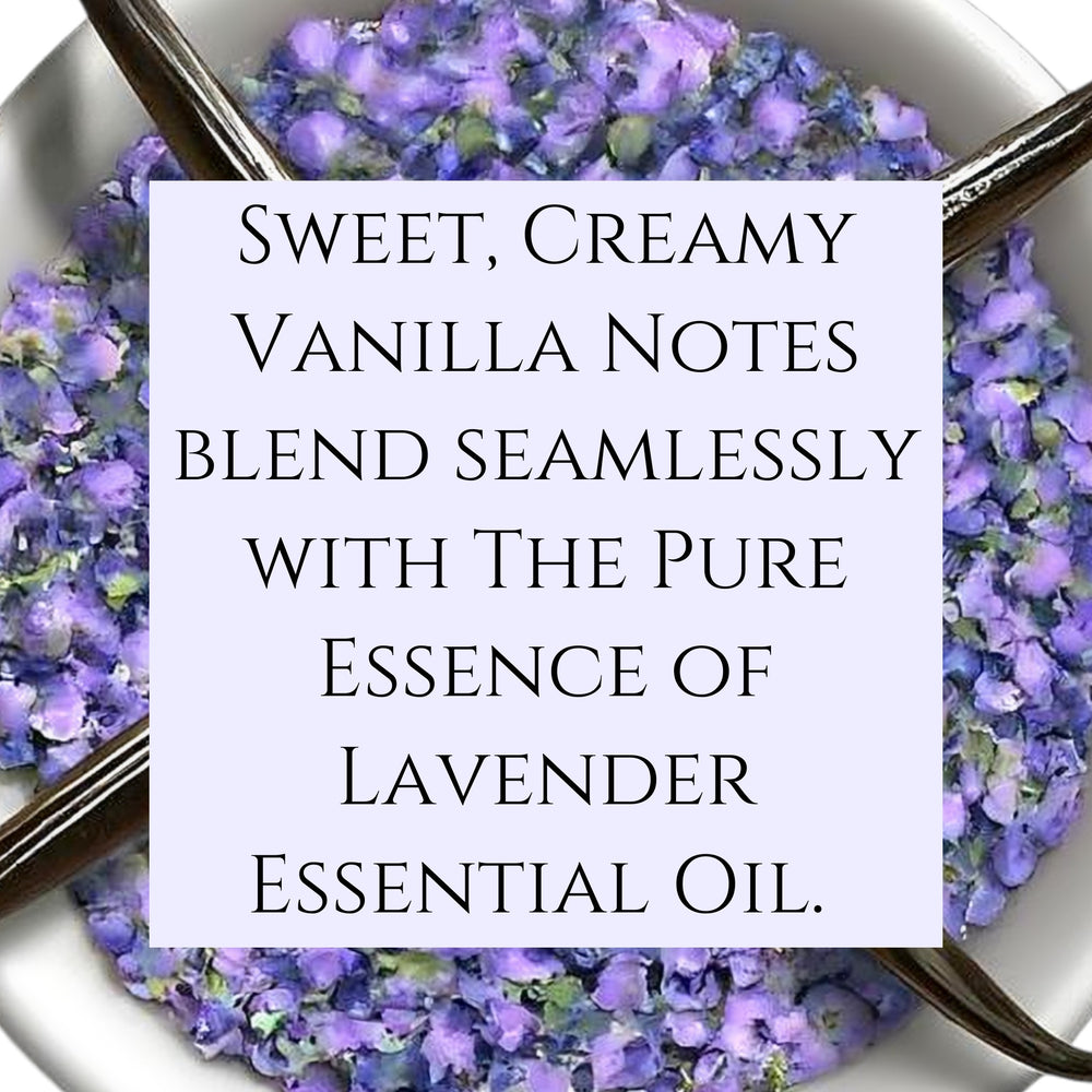 Text fragrance Description for Lavender Vanilla. Sweet, creamy vanilla notes blend seamlessly with the pure essence of lavender essential oil.